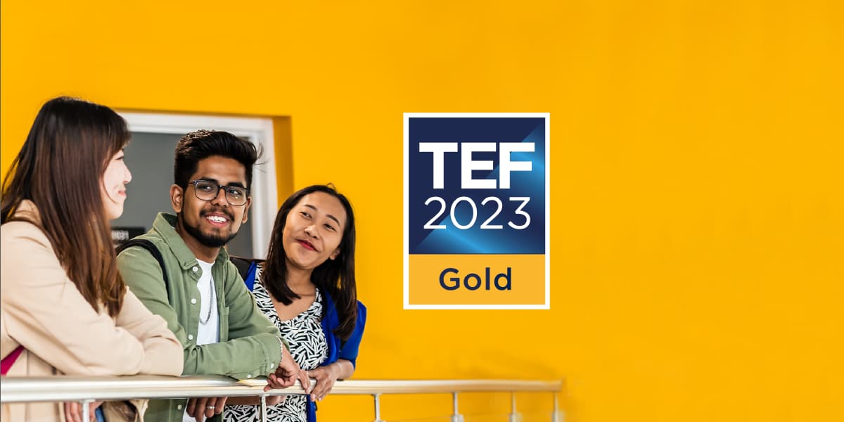 A group of strudents against a predominantly yellow backdrop, superimposed with the TEF gold badge